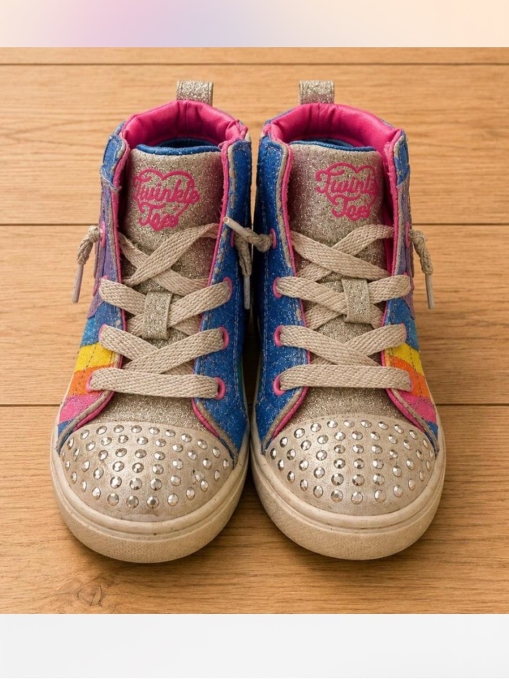 Skechers Twinkle Toe Glitter High-Top Sneakers in Gold, Blue & Pink
